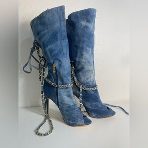 Blue Denim Knee-High Boots with Chain Detail Brand New Condition